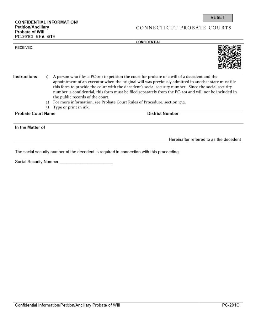 Petition Ancillary Probate Of Will {PC-201CI} | Pdf Fpdf Docx | Connecticut
