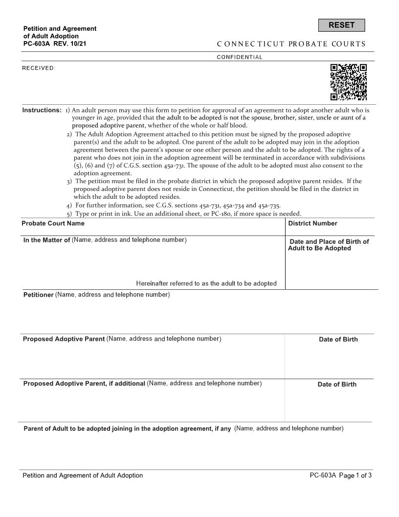 Petition And Agreement Of Adult Adoption {PC-603A} | Pdf Fpdf Docx | Connecticut