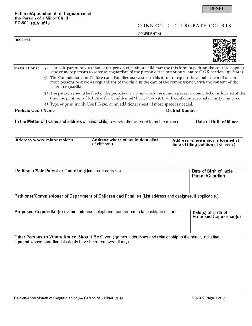 Petition Appointment Of Coguardian Of The Person Of A Minor {PC-509} | Pdf Fpdf Docx | Connecticut
