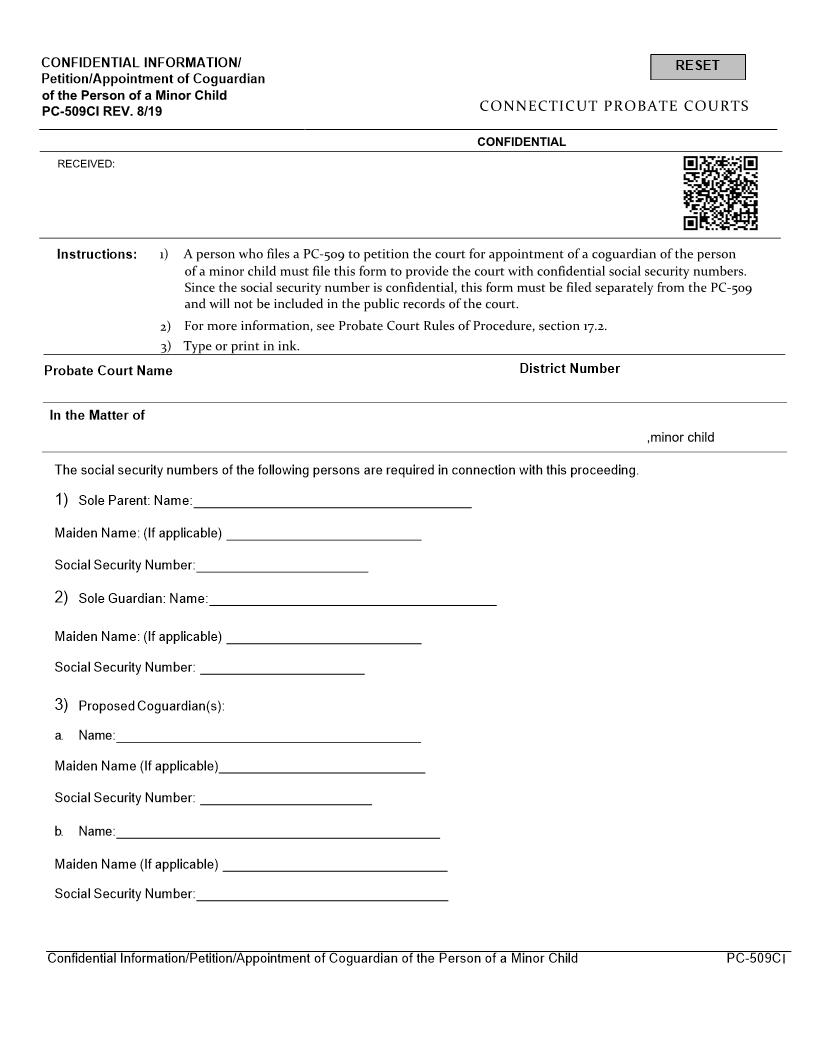 Petition Appointment Of Coguardian Of The Person Of A Minor {PC-509CI} | Pdf Fpdf Docx | Connecticut