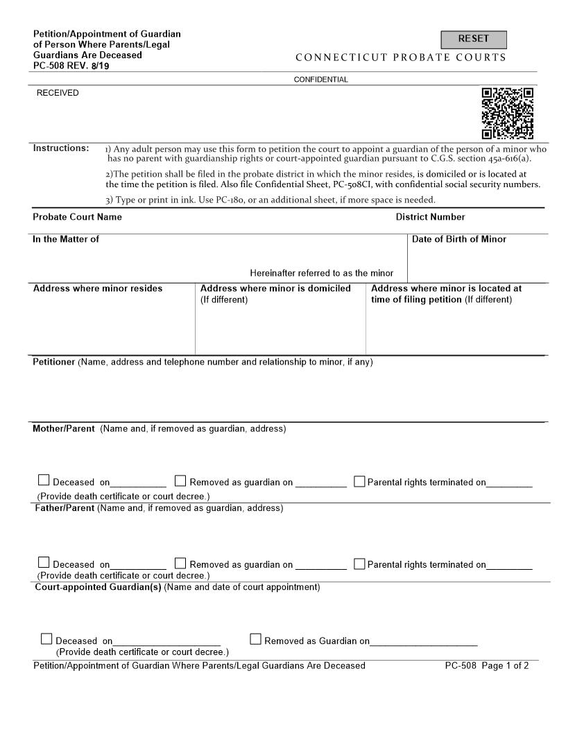 Petition Appointment Of Guardian Of Person Where Parents Are Deceased {PC-508} | Pdf Fpdf Docx | Connecticut