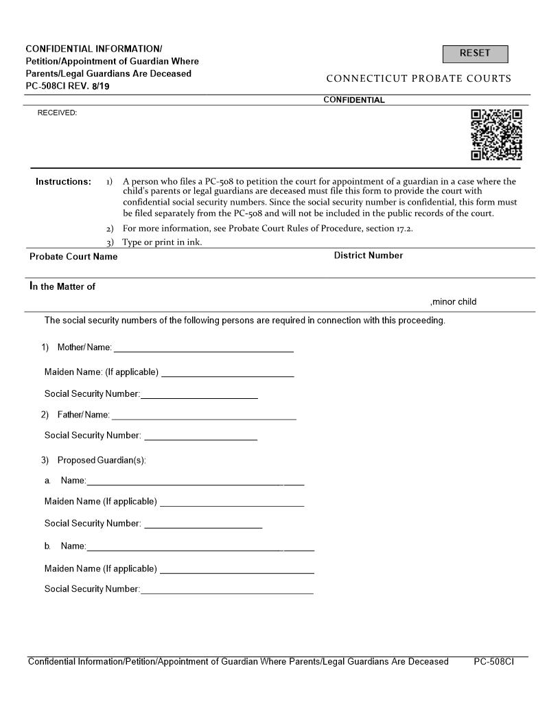 Petition Appointment Of Guardian Of Person Where Parents Are Deceased {PC-508CI} | Pdf Fpdf Docx | Connecticut