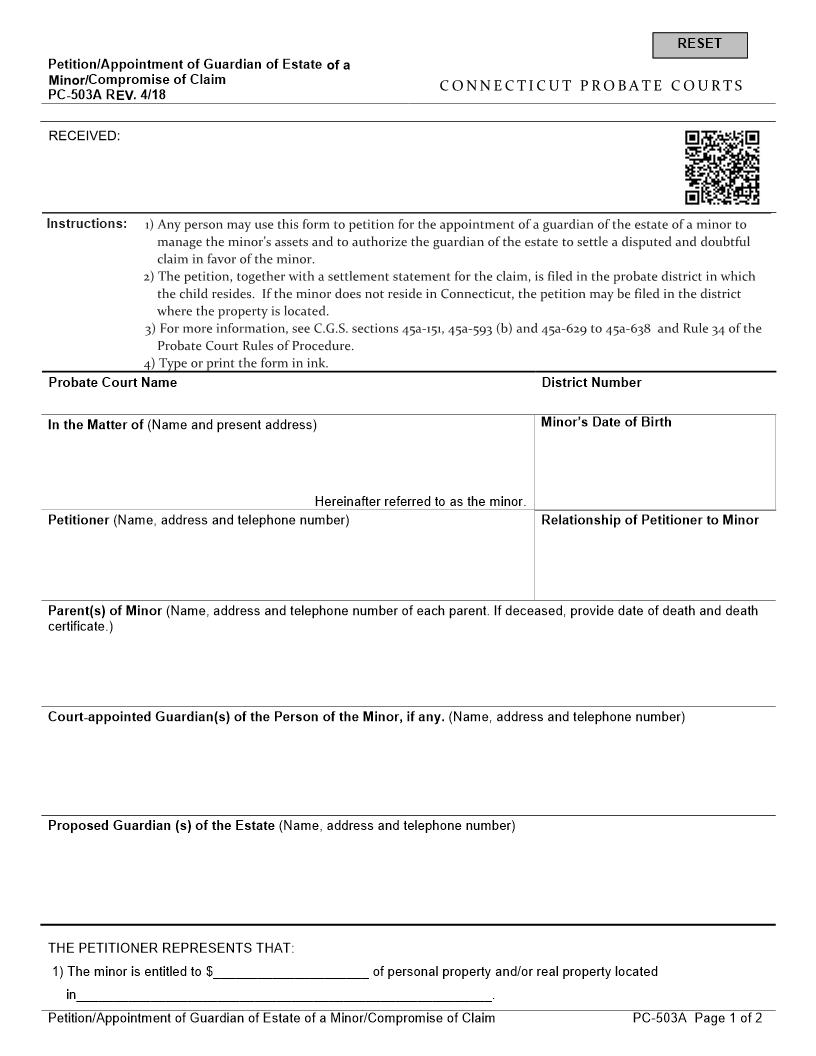 Petition Appointment Of Guardian Of The Estate Compromise Of Claim {PC-503A} | Pdf Fpdf Docx | Connecticut