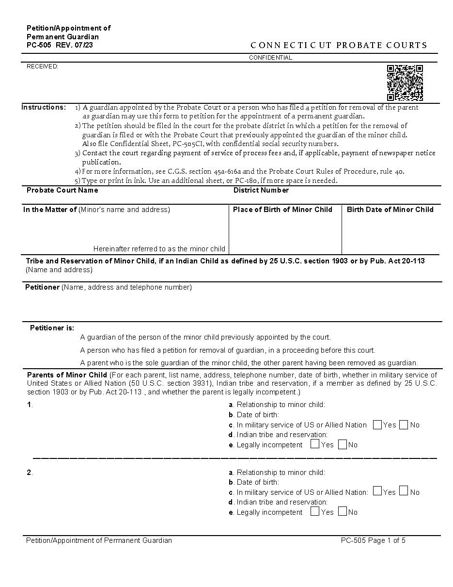 Petition Appointment Of Permanent Guardian {PC-505} | Pdf Fpdf Docx | Connecticut