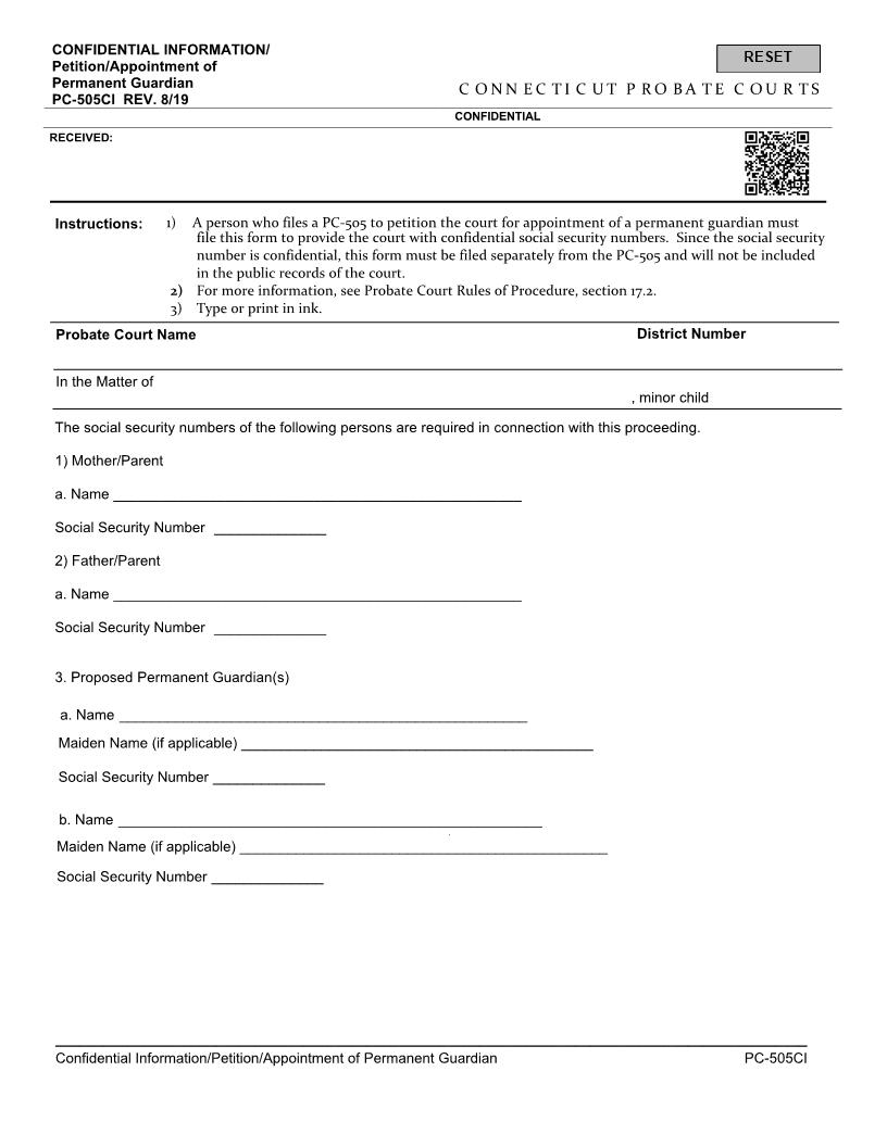 Petition Appointment Of Permanent Guardian {PC-505CI} | Pdf Fpdf Docx | Connecticut