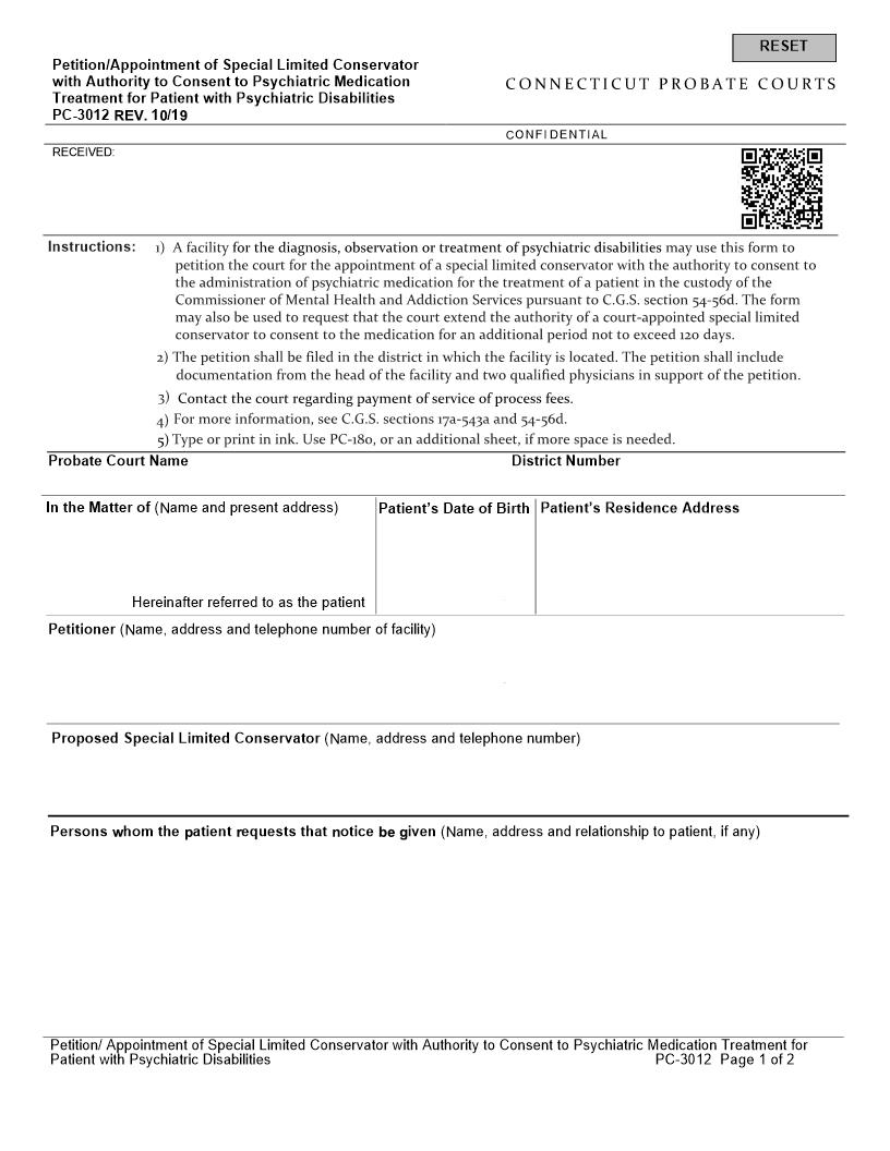 Petition Appointment Of Special Limited Conservator WIth Authority To Consent To Psychiatric Medication {PC-3012} | Pdf Fpdf Doc Docx | Connecticut