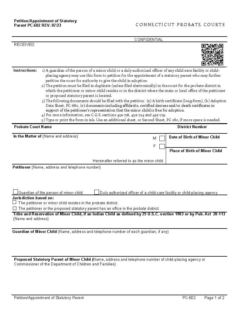 Petition Appointment Of Statutory Parent {PC-602} | Pdf Fpdf Docx | Connecticut