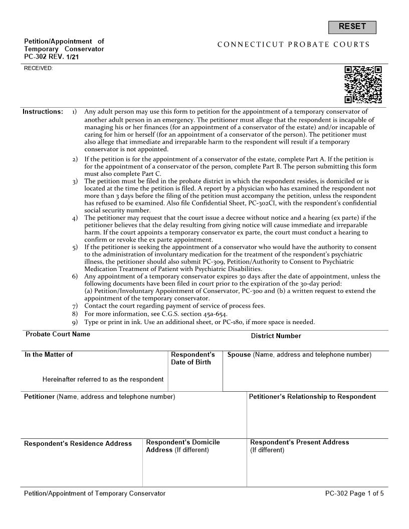 Petition Appointment Of Temporary Conservator {PC-302} | Pdf Fpdf Docx | Connecticut