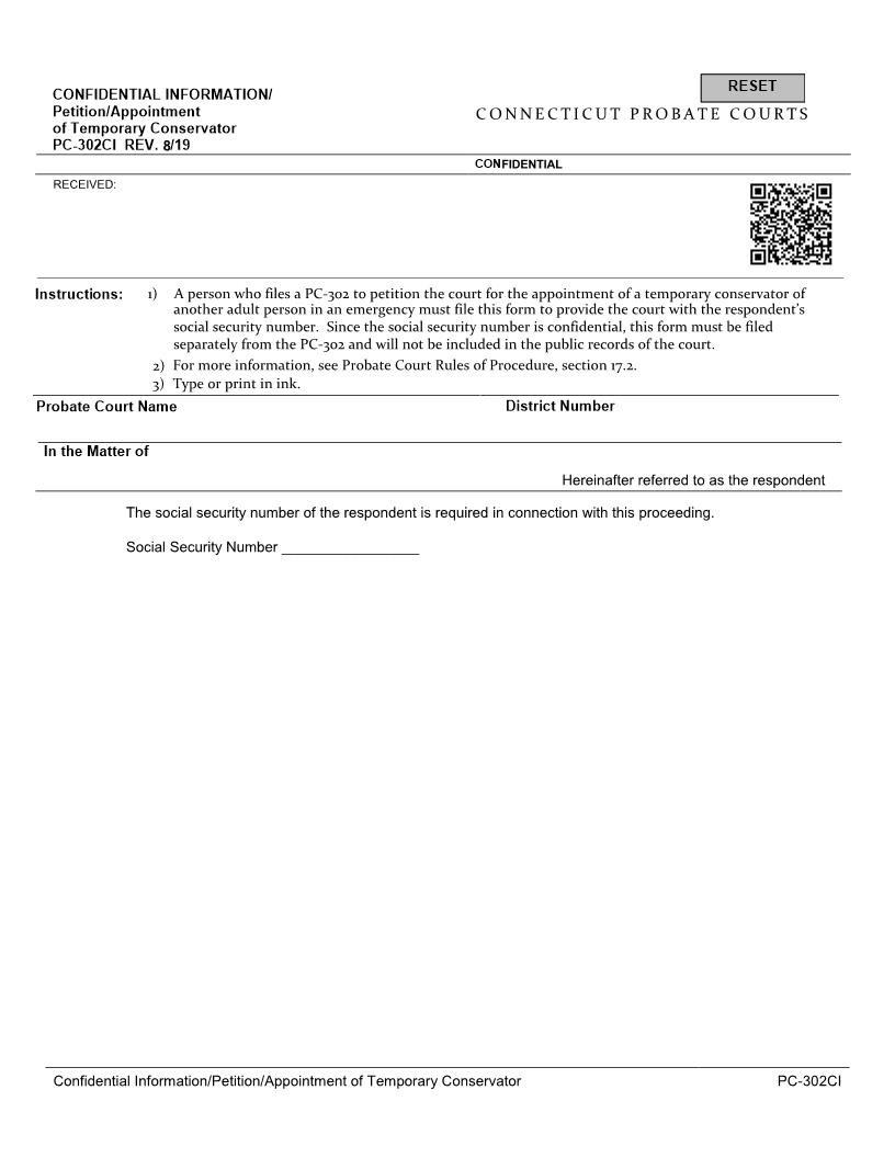 Petition Appointment Of Temporary Conservator {PC-302CI} | Pdf Fpdf Docx | Connecticut