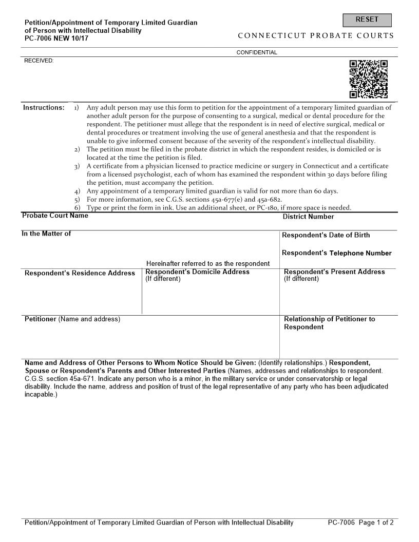 Petition Appointment Of Temporary Limited Guardian Of Person With Intellectual Disability {PC-7006} | Pdf Fpdf Docx | Connecticut
