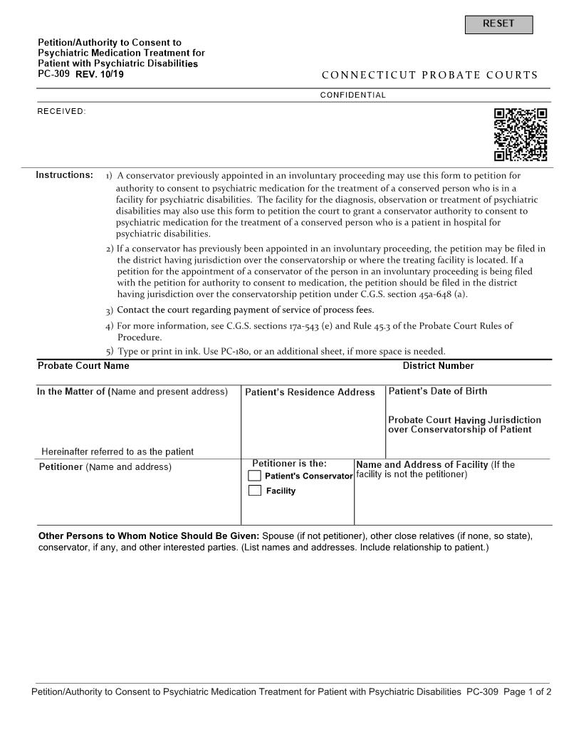 Petition Authority To Consent To Psychiatric Medication Treatment {PC-309} | Pdf Fpdf Doc Docx | Connecticut