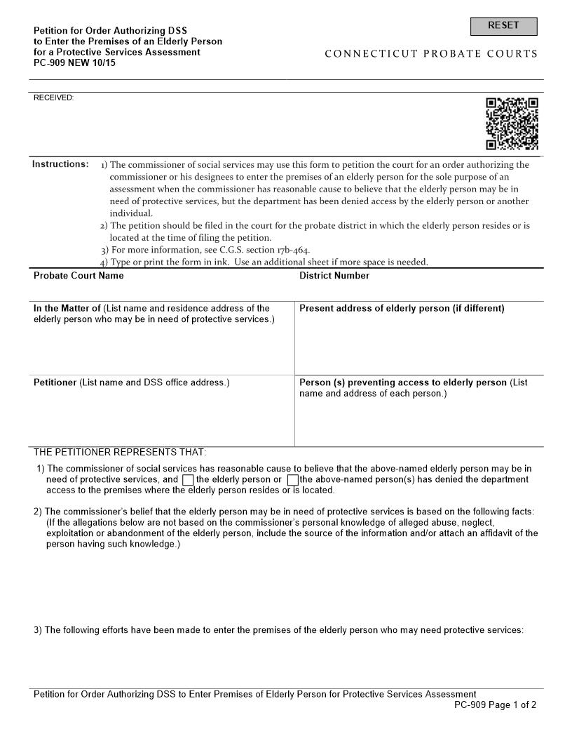 Petition Authorizing DSS To Enter Premises Of Elderly {PC-909} | Pdf Fpdf Doc Docx | Connecticut