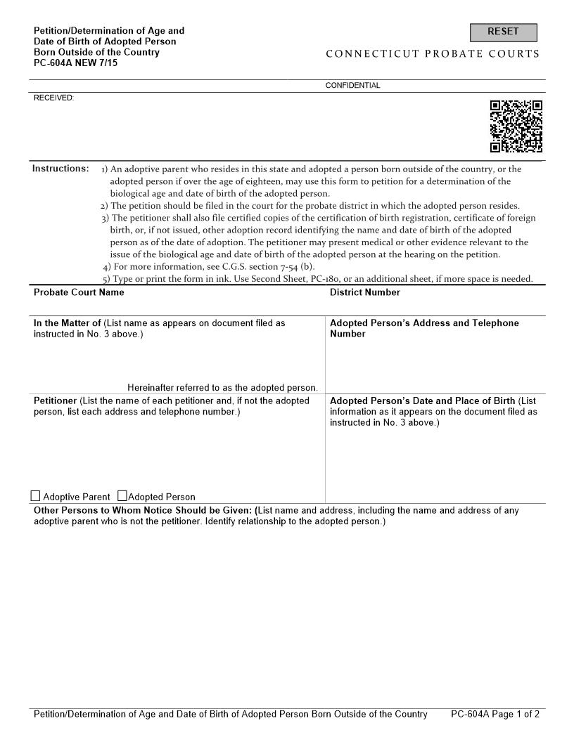 Petition Determination Of Age Of Adopted Person {PC-604A} | Pdf Fpdf Doc Docx | Connecticut