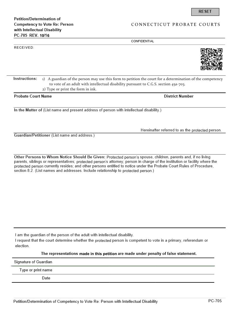 Petition Determination Of Competency To Vote {PC-705} | Pdf Fpdf Doc Docx | Connecticut