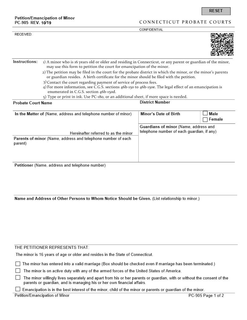 Petition Emancipation Of Minor {PC-905} | Pdf Fpdf Doc Docx | Connecticut