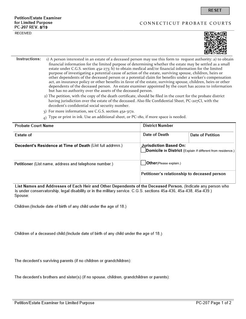 Petition Estate Examiner For Limited Purpose {PC-207} | Pdf Fpdf Doc Docx | Connecticut