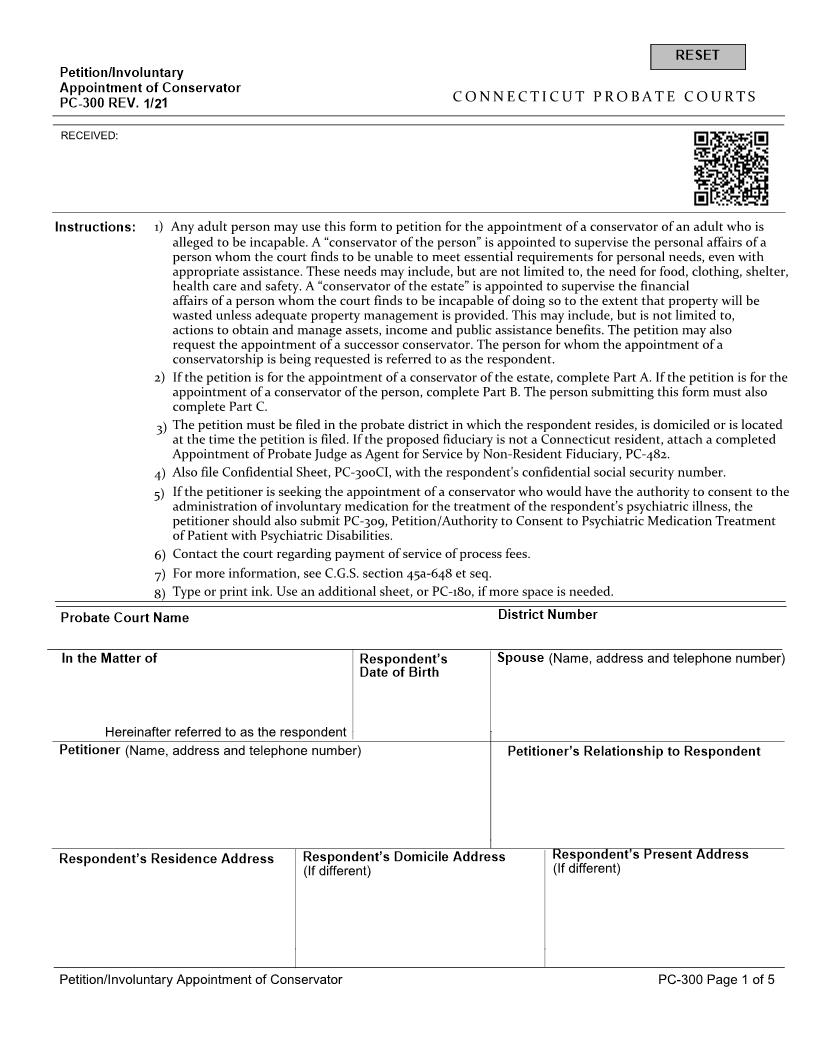 Petition For Appointment Of Conservator {PC-300} | Pdf Fpdf Docx | Connecticut