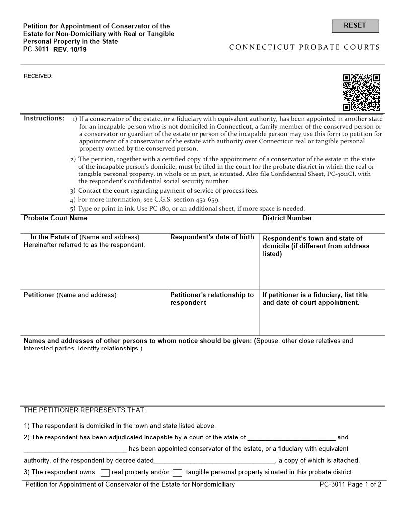 Petition For Appointment Of Conservator Of The Estate For Non Domiciliary {PC-3011} | Pdf Fpdf Doc Docx | Connecticut
