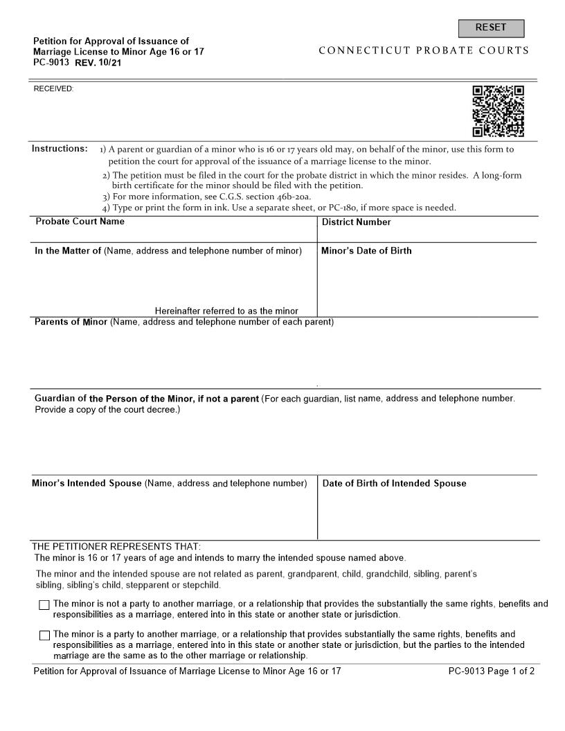 Petition For Approval Of Issuance Of Marriage License To Minor Age 16 or 17 {PC-9013} | Pdf Fpdf Docx | Connecticut