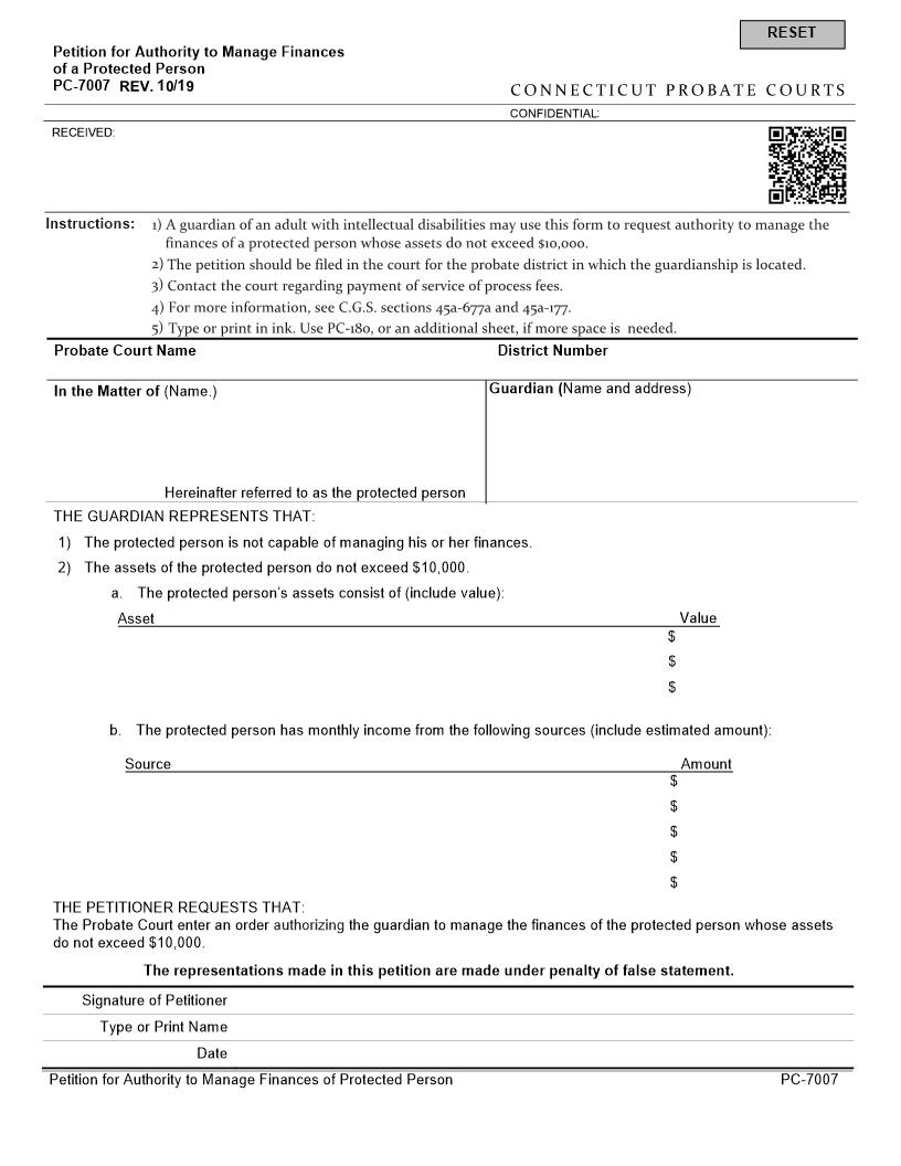 Petition For Authority To Manage Finances Of A Protected Person {PC-7007} | Pdf Fpdf Docx | Connecticut