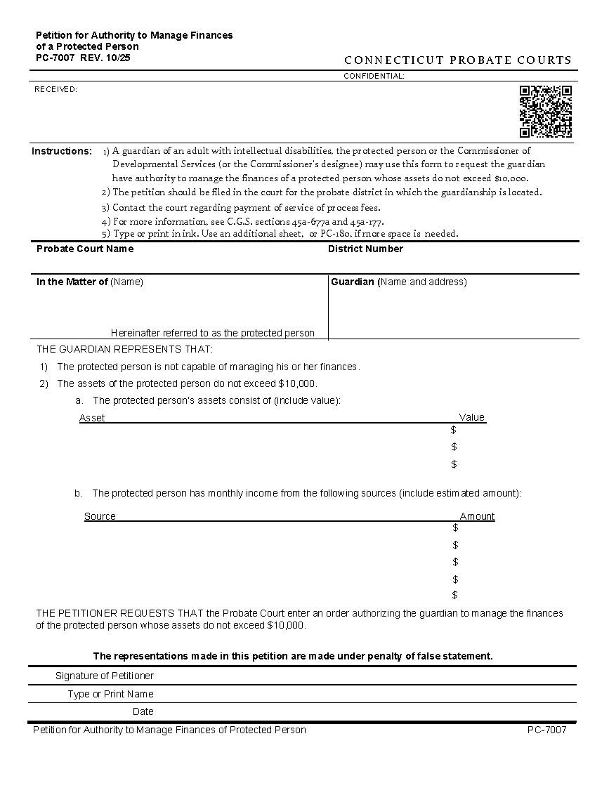 Petition For Authority To Manage Finances Of A Protected Person {PC-7007} | Pdf Fpdf Docx | Connecticut