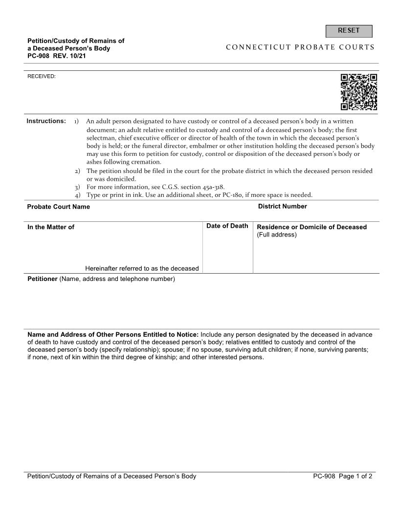 Petition For Award Of Custody Of The Remains Of A Decedent {PC-908} | Pdf Fpdf Docx | Connecticut