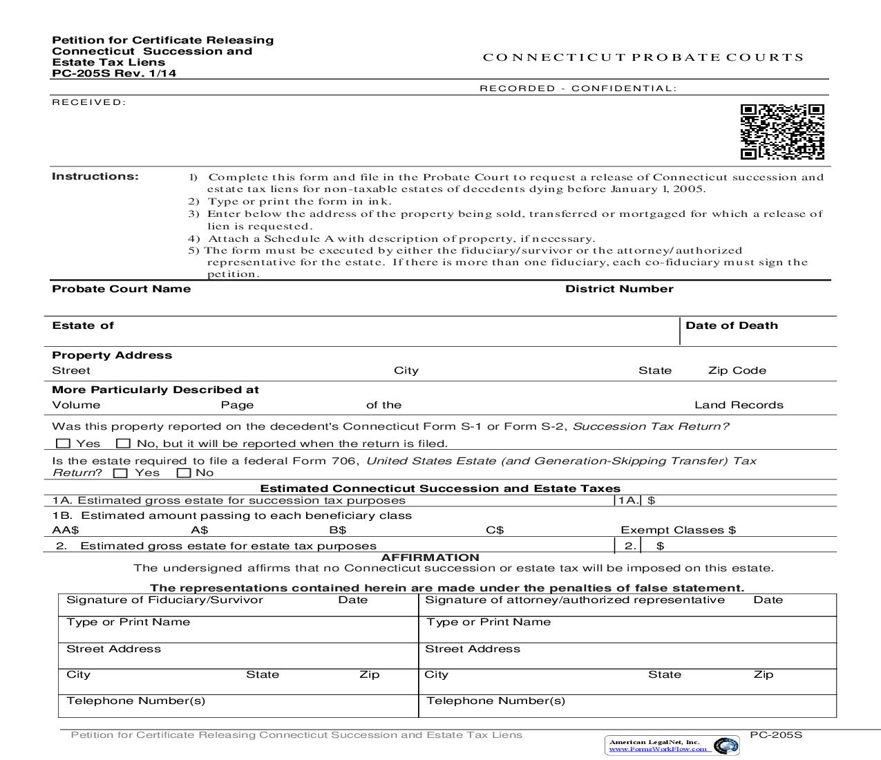 Petition For Certificate Releasing Connecticut Succession And Estate Tax Liens {PC-205S} |  | Connecticut