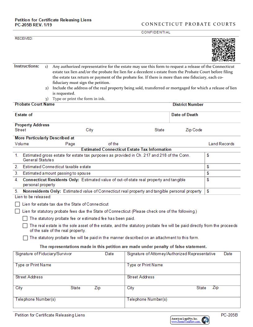Petition For Certificate Releasing Liens {PC-205B} | Pdf Fpdf Docx | Connecticut
