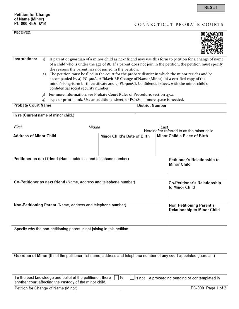 Petition For Change Of Name (Minor) {PC-900} | Pdf Fpdf Docx | Connecticut
