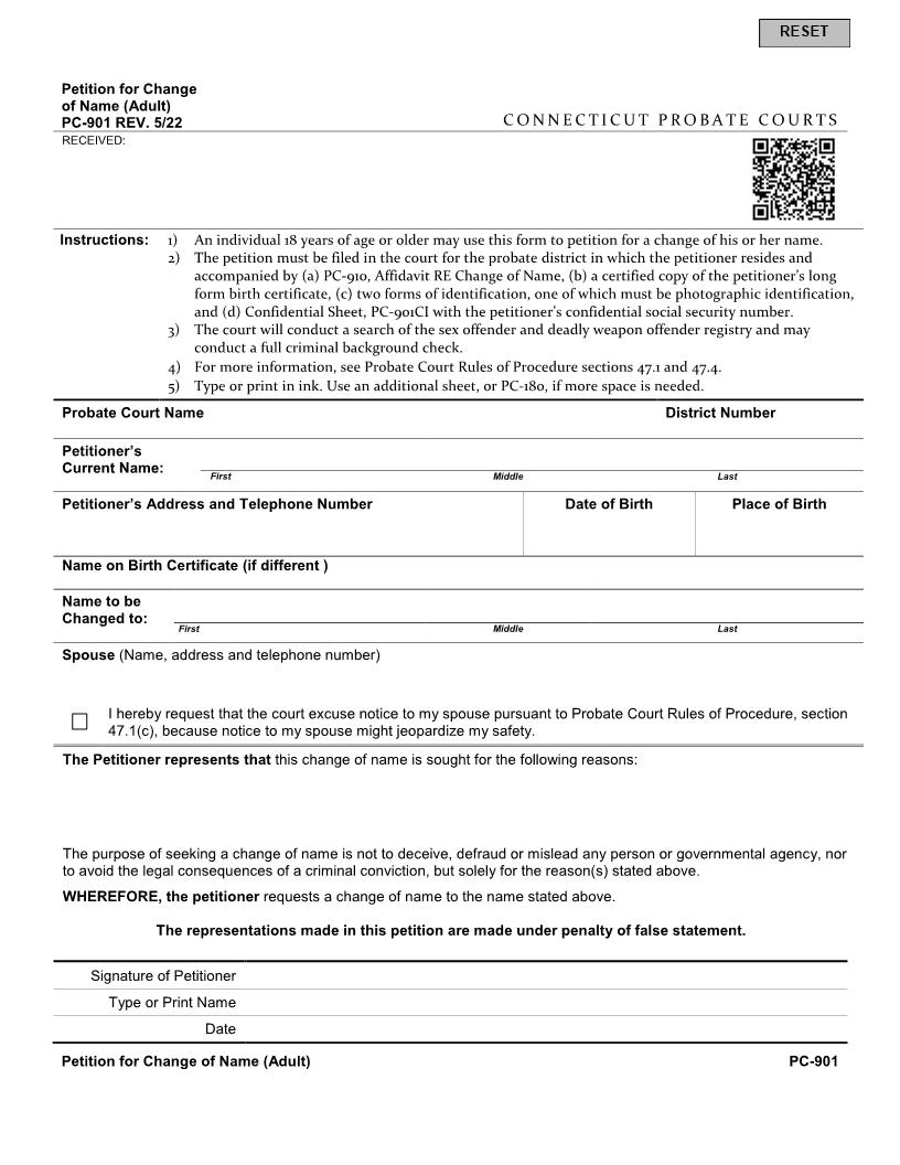 Petition For Change Of Name Adult {PC-901} | Pdf Fpdf Doc Docx | Connecticut