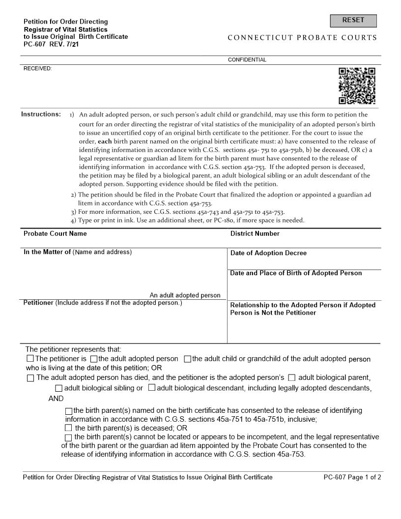 Petition For Department Of Health To Issue Birth Certificate {PC-607} | Pdf Fpdf Doc Docx | Connecticut