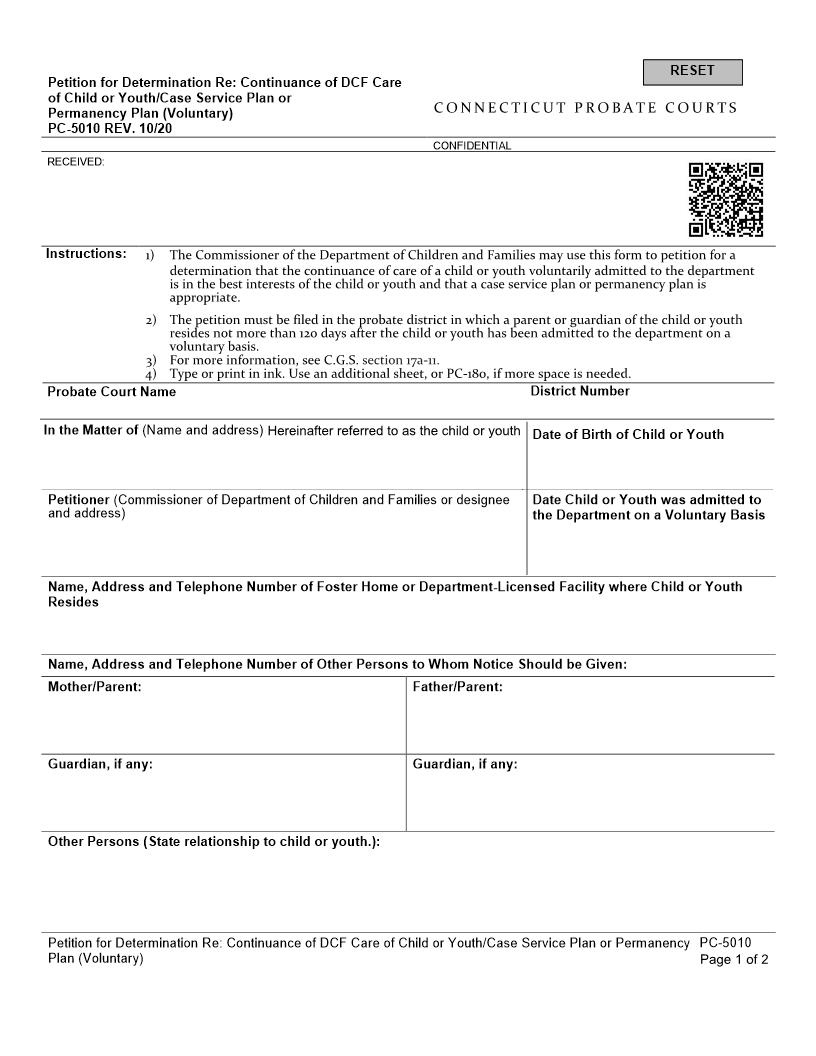 Petition For Determination Continuance Of DCF Care Of Child {PC-5010} | Pdf Fpdf Doc Docx | Connecticut