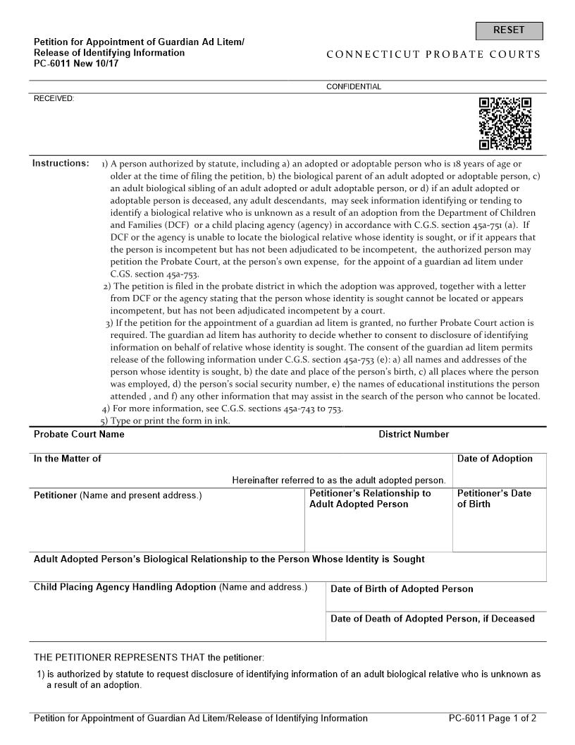 Petition For Guardian Ad Litem Release Of Information {PC-6011} | Pdf Fpdf Docx | Connecticut