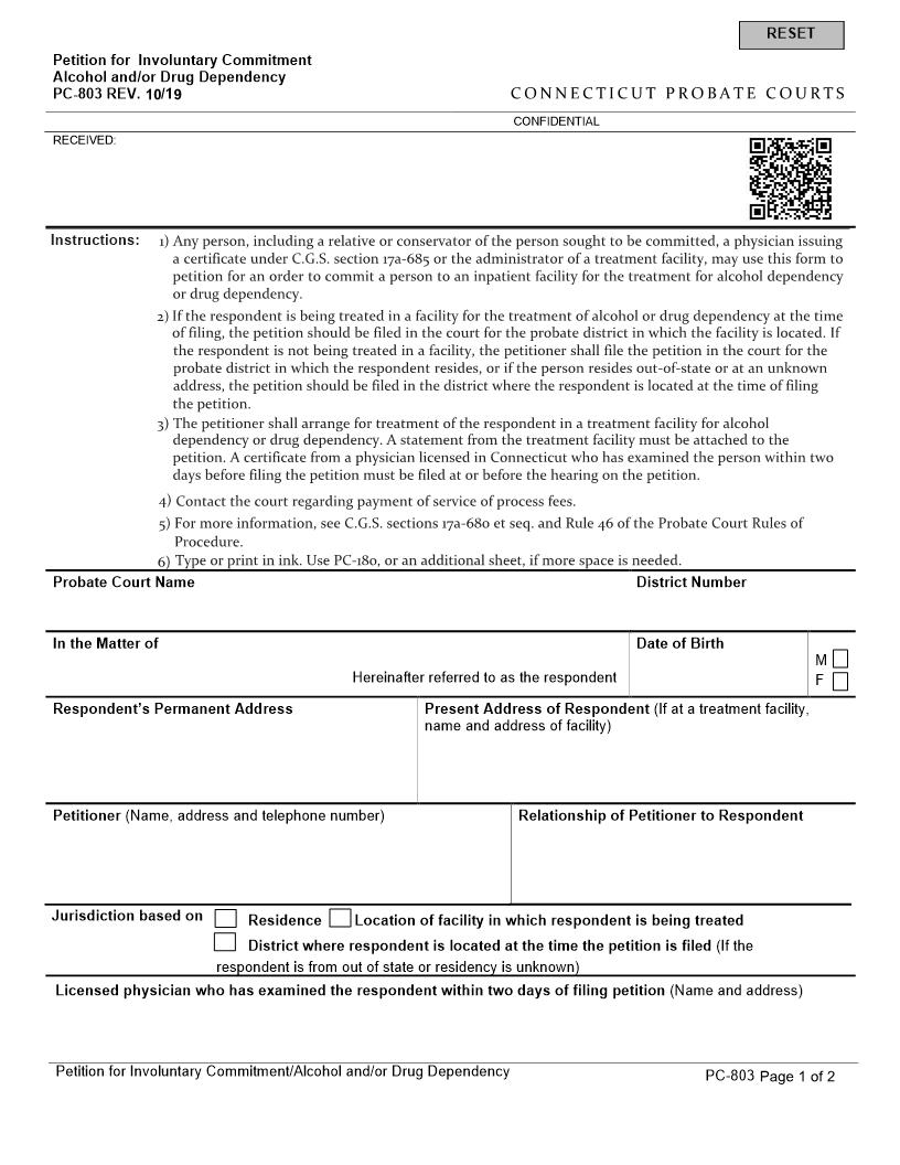 Petition For Involuntary Commitment Alcohol And Or Drug Dependency {PC-803} | Pdf Fpdf Doc Docx | Connecticut