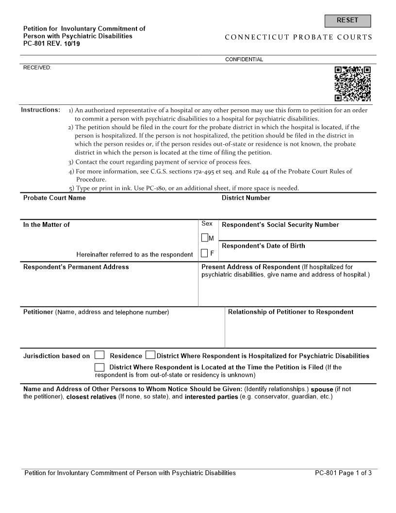 Petition For Involuntary Commitment Of Person With Psychiatric Disabilities {PC-801} | Pdf Fpdf Doc Docx | Connecticut