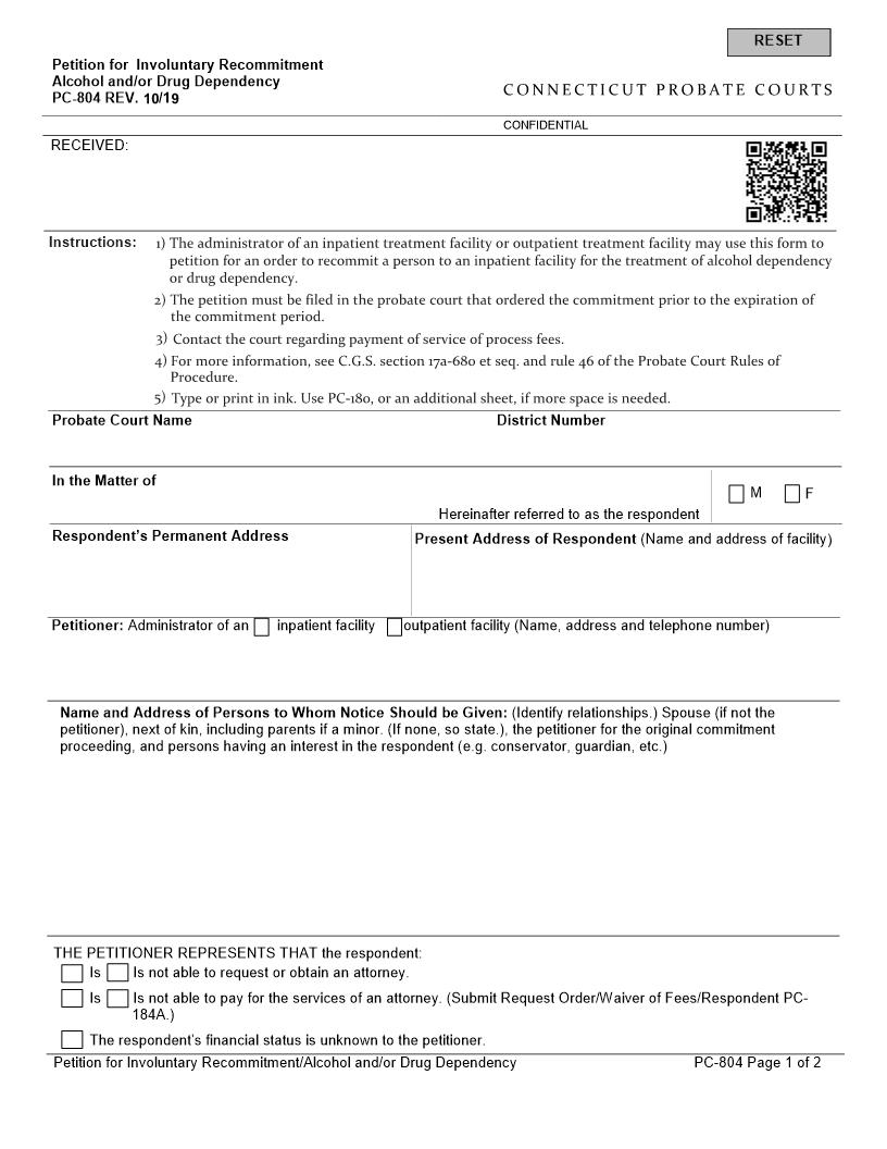 Petition For Involuntary Recommitment Alcohol And Or Drug Dependency {PC-804} | Pdf Fpdf Doc Docx | Connecticut