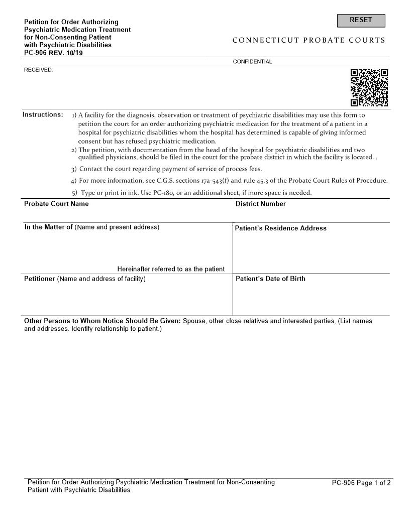 Petition For Order Authorizing Psychiatric Medication Treatment {PC-906} | Pdf Fpdf Doc Docx | Connecticut