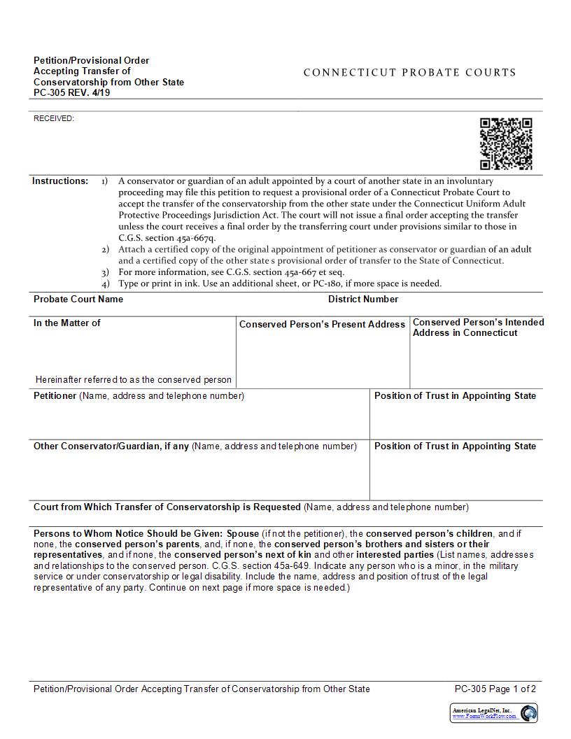 Petition For Provisional Order Accepting Transfer Of Conservatorship {PC-305} | Pdf Fpdf Docx | Connecticut