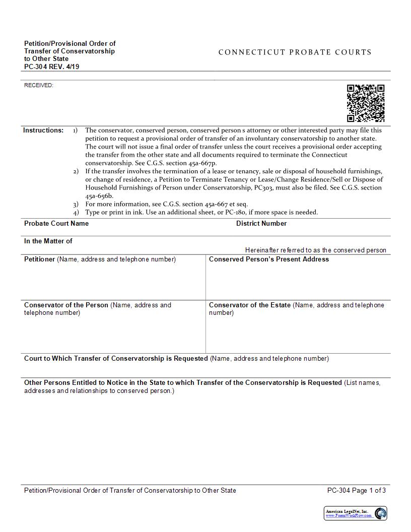 Petition For Provisional Order Of Transfer Of Conservatorship {PC-304} | Pdf Fpdf Docx | Connecticut
