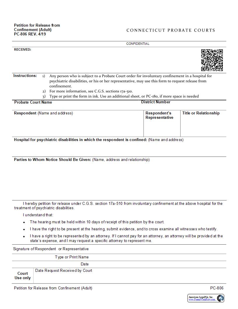 Petition For Release From Confinement {PC-806} | Pdf Fpdf Docx | Connecticut