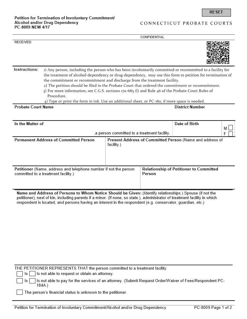 Petition For Termination Of Involuntary Commitment Alcohol Drug Dependency {PC-8009} | Pdf Fpdf Docx | Connecticut