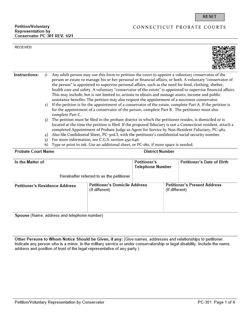 Petition For Voluntary Reprsentation By Conservator {PC-301} | Pdf Fpdf Docx | Connecticut