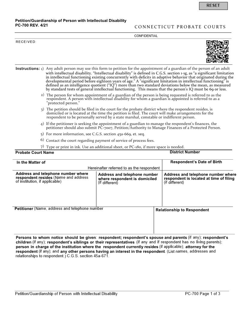 Petition Guardianship Of Person With Intellectual Disability {PC-700} | Pdf Fpdf Docx | Connecticut