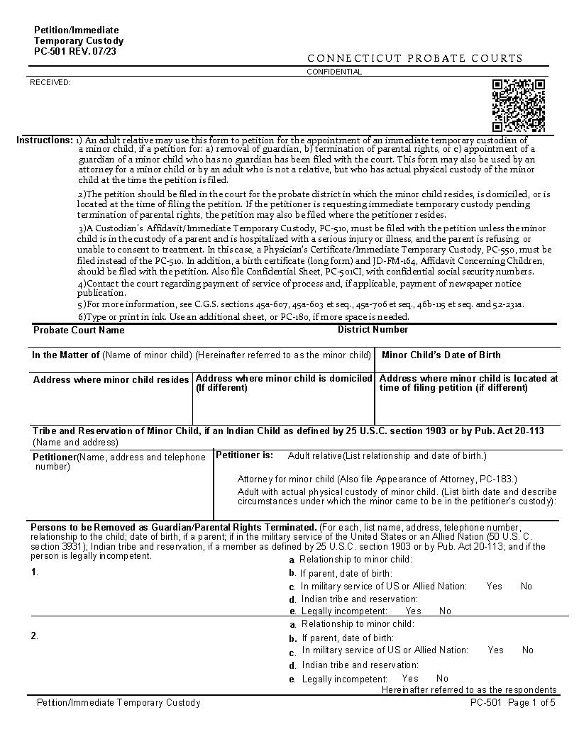 Petition Immediate Temporary Custody {PC-501} | Pdf Fpdf Docx | Connecticut