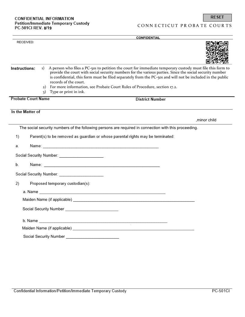 Petition Immediate Temporary Custody {PC-501CI} | Pdf Fpdf Docx | Connecticut