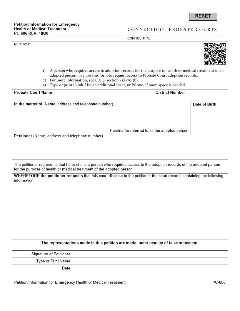 Petition Information For Emergency Health Or Medical Treatment {PC-606} | Pdf Fpdf Doc Docx | Connecticut