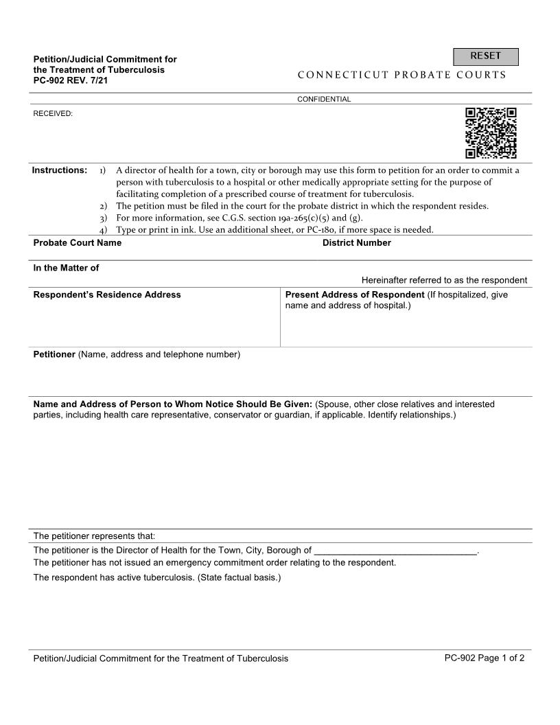 Petition Judicial Commitment For The Treatment  Of Tuberculosis {PC-902} | Pdf Fpdf Doc Docx | Connecticut