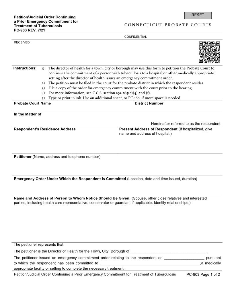 Petition Judicial Order Continuing A Prior Emergency Commitment For Treatment Of Tuberculosis {PC-903} | Pdf Fpdf Doc Docx | Connecticut