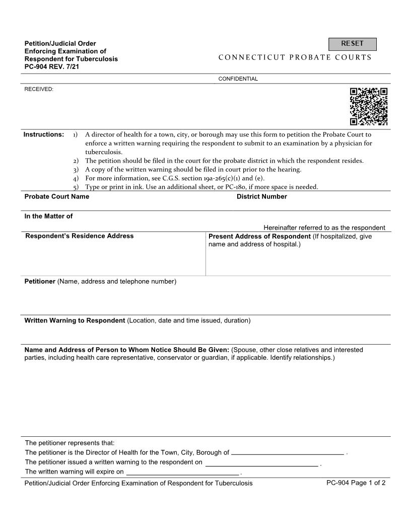 Petition Judicial Order Enforing Examination Of Respondent For Tuberculosis {PC-904} | Pdf Fpdf Doc Docx | Connecticut