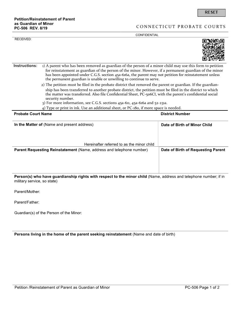 Petition Of Parent As Guardian Of Minor {PC-506} | Pdf Fpdf Docx | Connecticut